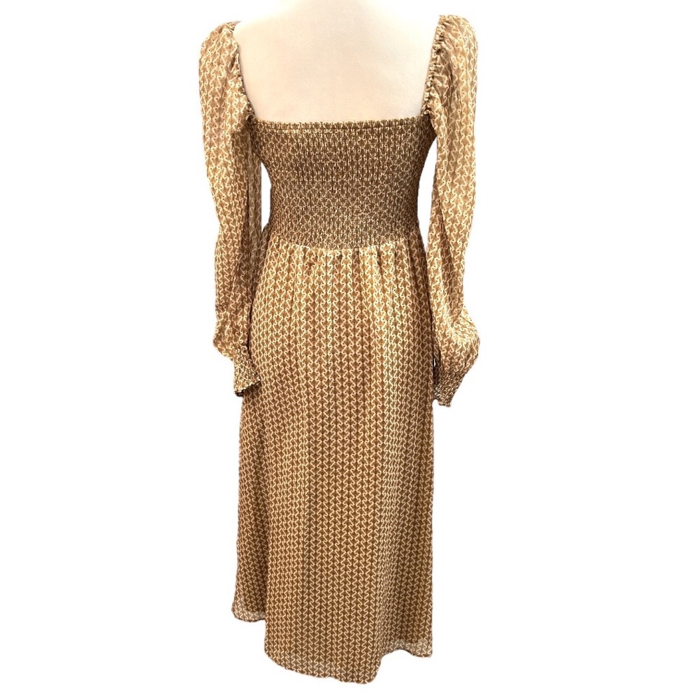 o.p.t Square Neck Smocked Patterned Maxi Dress Brown Gold Cream Size Medium - Picture 2 of 8